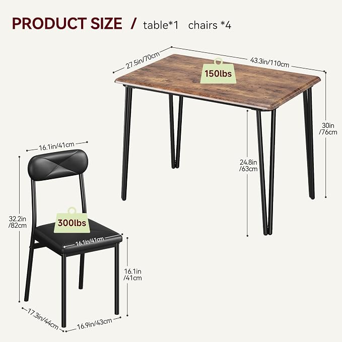CABIHOME 4-Piece Compact Office Desk and Chair Set, Space Saving Dining Table and Chairs, Multi-Purpose MDF Table Set with Ergonomic Cushioned Chairs, Vintage Brown Waterproof, for Small Apartment/Kit