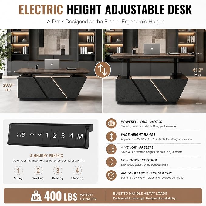 SAINTCY 78.7 Inch Adjustable Executive Desk - Luxury L Shaped Desk with Drawers, Large Table with File Cabinets, Executive Office Desks with LED Light Strip Home Office Desk for Professionals