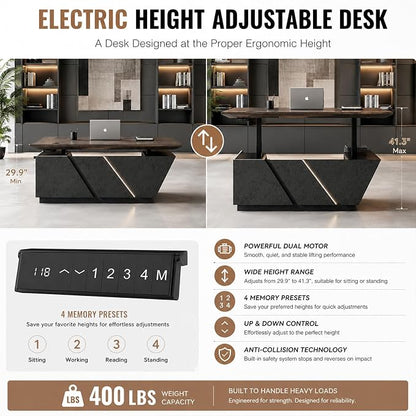 SAINTCY 78.7 Inch Adjustable Executive Desk - Luxury L Shaped Desk with Drawers, Large Table with File Cabinets, Executive Office Desks with LED Light Strip Home Office Desk for Professionals