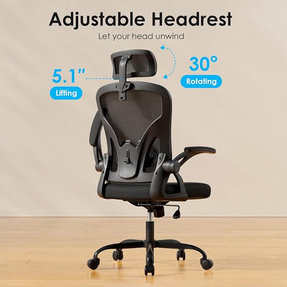 Farini Ergonomic Office Chair, Home Office Desk Chair with Headrest, High Back Swivel Computer Chair with Armrests and Adjustable Lumbar Support for Home Office Study Room, Black & Dark Black