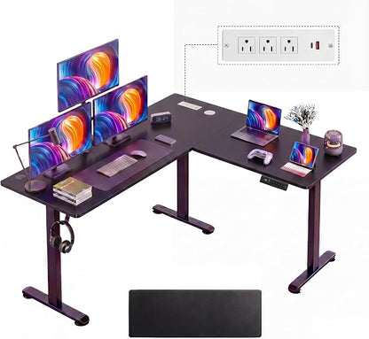 63” L Shaped Standing Desk with Charging Station,Supports Left and Right Swapping,Electric Height Adjustable Corner Stand Up Desk.Free Hook, Lockable Wheels,Mouse Pad,Black