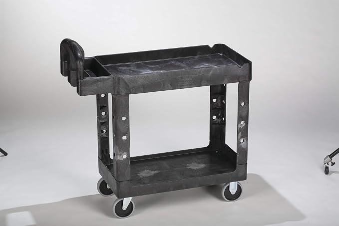 Rubbermaid Commercial Products 2-Shelf Utility/Service Cart, Small, Lipped Shelves, Ergonomic Handle, 500 lbs. Capacity, for Warehouse/Garage/Cleaning/Manufacturing