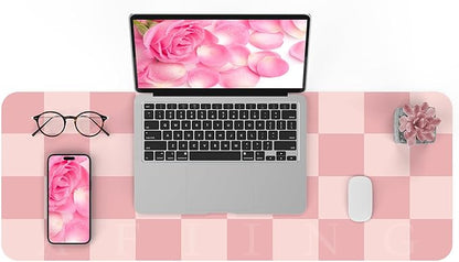 AFIING Pink Checkered Desk Mat, 31.5" x 12"，Waterproof PU Leather Desk pad | Non-Slip Rubber Base, Easy Clean Surface, Desk Protection, Office & Home