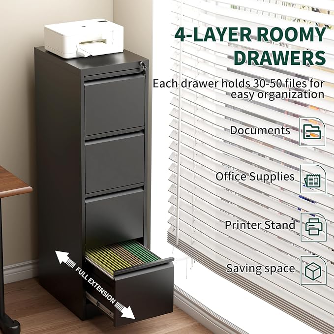 4 Drawer File Cabinet with Lock, Metal Vertical File Cabinets for Home Office, Office Furniture for Organization Hanging Legal/Letter/A4, Office File Cabinet Storage Cabinet, Require Assembly, Black