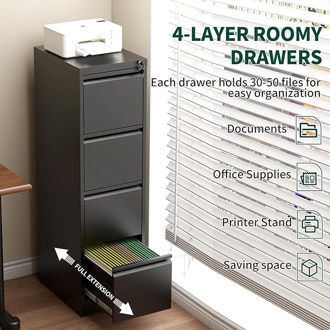 4 Drawer File Cabinet with Lock, Vertical Filing Cabinets for Home Office, Locking File Cabinet Hanging Files for A4/ Legal/Letter, Require Assembly, Black