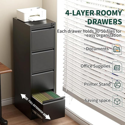 4 Drawer File Cabinet with Lock, Vertical Filing Cabinets for Home Office, Locking File Cabinet Hanging Files for A4/ Legal/Letter, Require Assembly, Black