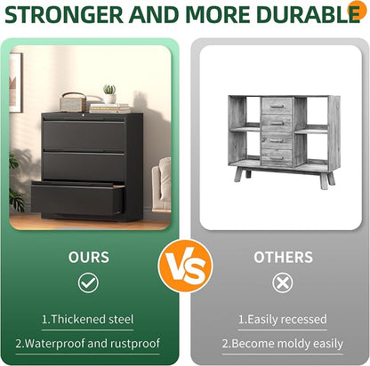 Lateral File Cabinet 3 Drawer, Metal File Cabinet with Lock | Filing Cabinets for Home Office, Black Locking Deep Drawer for Hanging Files Letter/Legal/A4/F4 Size, Assembly Required