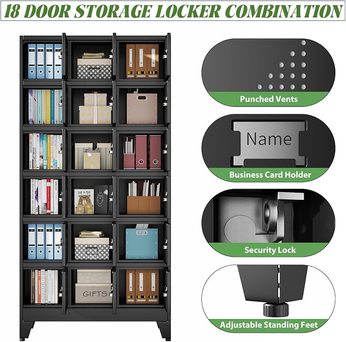 erosoei Metal Lockers for Employees, 18 Doors Metal Storage Locker | with Card Slot and Ventilation Holes, Steel Employee lockers for Home Office School Gym Garage, Requires Installation.