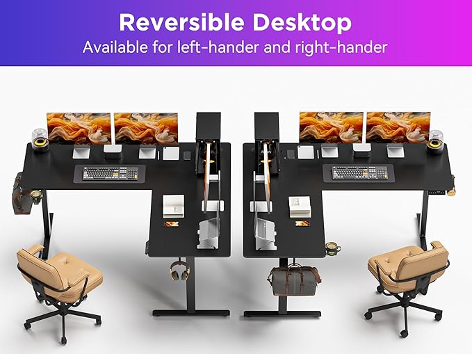 WALKINGDESK 63x55 Inches Reversible L Shaped Standing Desk, Height Adjustable With Cup Holder, Electric Corner Computer Workstation, Sit Stand up Home Office, Ergonomic Gaming, Black