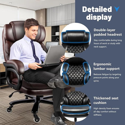 800LBS Big and Tall Office Chair for Heavy People, Heavy Duty Executive Chair with High Back, Extra Wide Seat and Adjustable Lumbar, Large Computer Desk Chair Comfortable for Home Office (Brown)