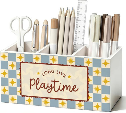 Kids Playroom Pen Pencil Holder for Desk, Playroom Decor, Long Live Playtime Wooden Box Sign Decorations for Kids Boys Girls Room Bedroom Playroom Classroom Desk Tabletop