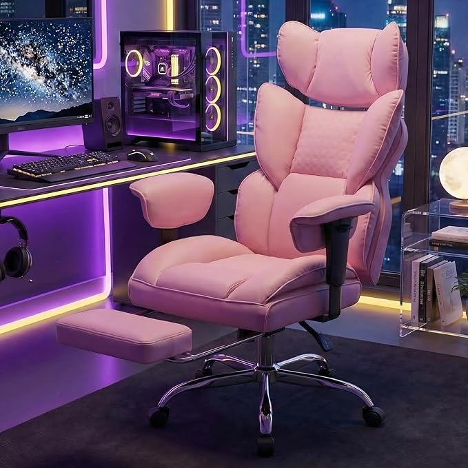 DUMOS Big and Tall Home Office Desk Chair, Ergonomic Executive Chair with Footrest, Computer Gaming Chairs with High Back Reclining, Adjustable Armrests and Comfy Lumbar Support, PU Leather, Pink