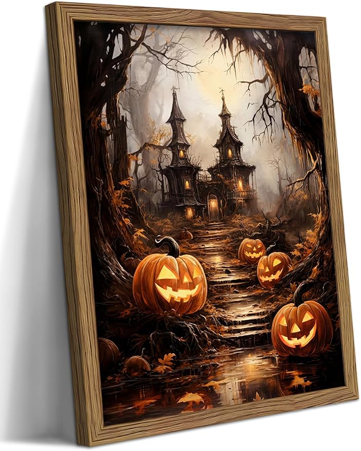 Framed Vintage Halloween Wall Art - Spooky Haunted House Canvas Print, Gothic Halloween Wall Decor, Fall Pumpkin Picture Painting for Living Room Bedroom Home, 12x16in Wood Frame
