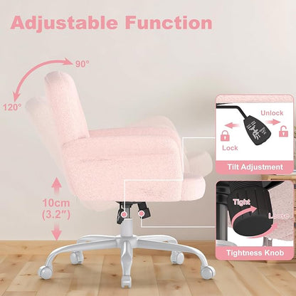 Comfy Home Office Desk Chair, Upholstered Fuzzy Vanity Chair with Wheels and Arms, Modern Adjustable Swivel Computer Seat for Make Up, Home Office, Living Room, Bedroom, Teddy Fleece, Pink