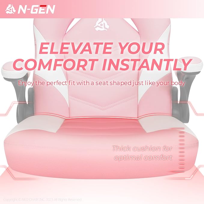 N-GEN Video Gaming Chair Ergonomic Computer Desk Office Chair with Lumbar Support Adjustable Height Swivel Wheels Flip-Up Arms PU Leather Home and Office (Pink)
