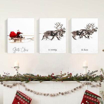 Framed Christmas Wall Art Set of 3,Santa Claus with Sleigh Canvas Art Prints,Christmas Wall Decor Living Room,Vintage Christmas Decor Santa Claus is Coming to Town Winter Wall Art Xmas Sign for Home Bedroom Bathroom Decoration,12"x16"