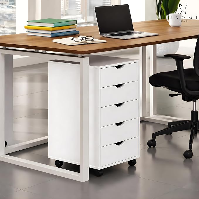 Naomi Home Under Desk Office File Cabinet with 5 Drawers, Rolling Storage Organizer with Lockable Wheels, Handle-Free Design & Spacious Top Surface, Compatible Cabinet for Home Office - White