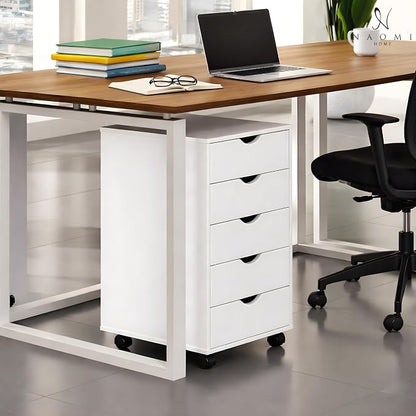 Naomi Home Under Desk Office File Cabinet with 5 Drawers, Rolling Storage Organizer with Lockable Wheels, Handle-Free Design & Spacious Top Surface, Compatible Cabinet for Home Office - White