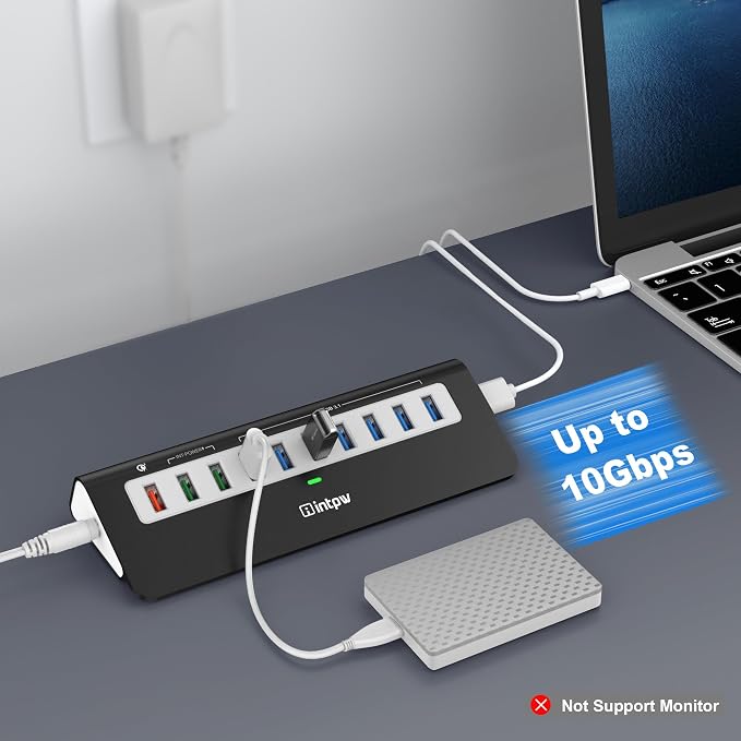 Powered USB Hub 10Gbps, 10 Port USB 3.2 Gen 2 Hub with 7 USB 3.2 Data Ports, 3 Fast Charging Ports, 36W Power Adapter, Type A and Type C Cable, Aluminum USB Hub for Laptop, Mac, PC