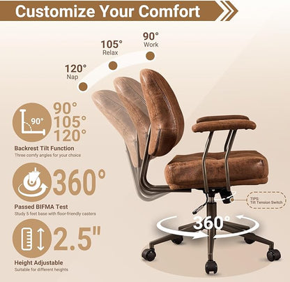 Ergonomic Home Office Chair, Mid-Century Faux Leather Home Office Desk Chairs with Wheels, Office Computer Chair with Rocking Swivel (Dark Brown,Suede)