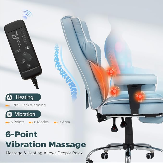 HOMREST Ergonomic Executive Office Chair with 6-Point Vibration & Heat - Reclining Managerial Chair with Adjustable Footrest and Armrests,Big and Tall Leather Home Office Desk Chairs(Airy Blue)