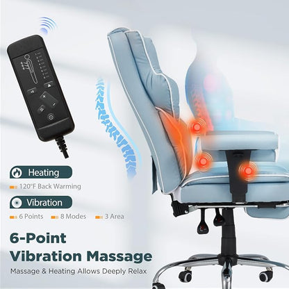 HOMREST Ergonomic Executive Office Chair with 6-Point Vibration & Heat - Reclining Managerial Chair with Adjustable Footrest and Armrests,Big and Tall Leather Home Office Desk Chairs(Airy Blue)