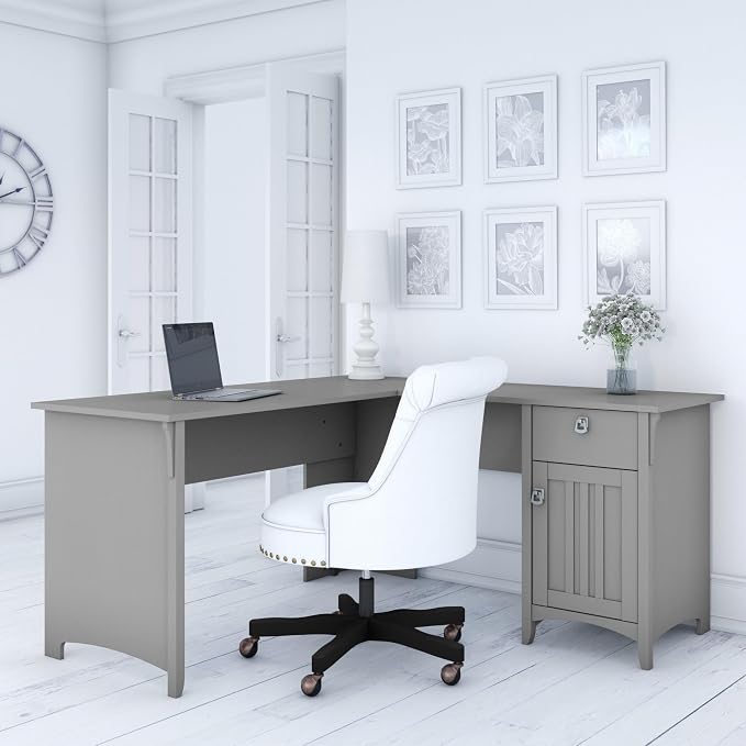 Bush Home L Shaped Desk with Storage for Home Office, Modern Farmhouse Corner Table with Drawers and Cabinets, Salinas Collection, Cape Cod Gray