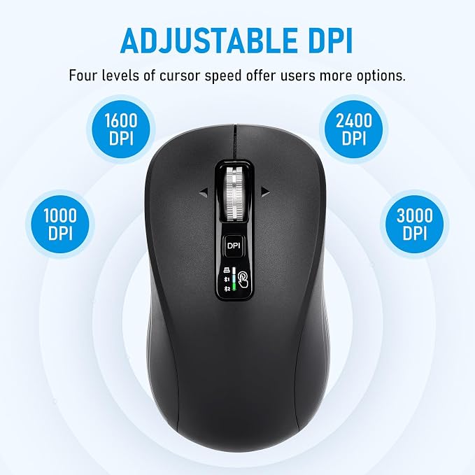 Wireless Bluetooth Mouse, 3-Device Multi-Mode (USB + 2 Bluetooth), 4-Way Metal Scroll Wheel, Adjustable DPI, Silent Click, Long Battery Life, Ergonomic Mouse for Laptop, PC, Mac, iPad (Dark Black, 7)