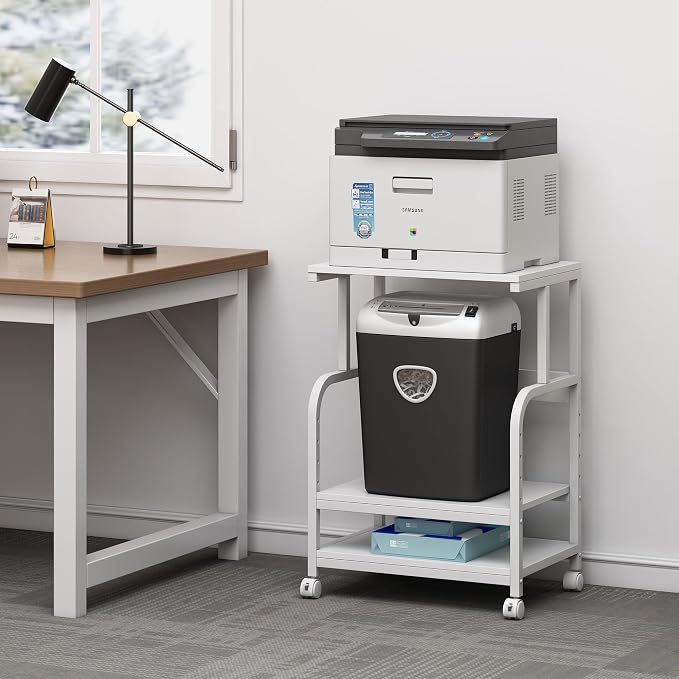 Fannova White Printer Stand with Storage, 3 Tier Printer Table with Height Adjustable Shelf, Rolling Printer Cart with Wheels for Home Office Organization