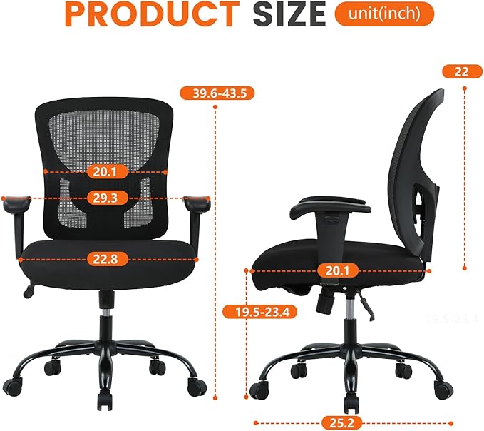 Big and Tall Office Chair 400lbs Wide Seat Desk Chair Computer Chair with Lumbar Support Adjustable Arms Task Rolling Swivel Mesh Executive High Back Ergonomic Chair for Adults Women,Black