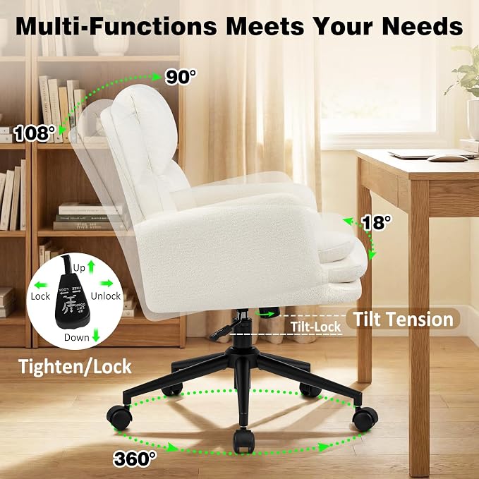 Comfortable Home Office Chair, Upholstered Desk Chair with Double-Layer Cushioning, Adjustable Height Swivel Task Chair with Padded Armrests, Rolling Wheels and Metal Base, Ivory White