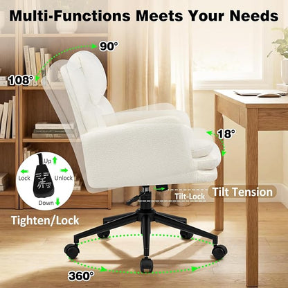 Comfortable Home Office Chair, Upholstered Desk Chair with Double-Layer Cushioning, Adjustable Height Swivel Task Chair with Padded Armrests, Rolling Wheels and Metal Base, Ivory White
