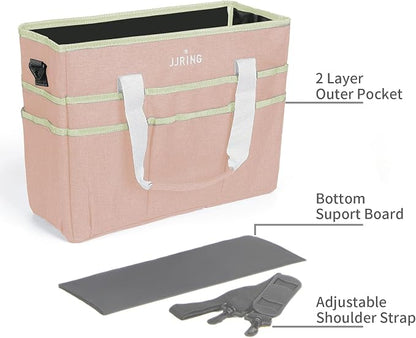 JJRING Craft Organizer Tote Bag, Large Art Storage Caddy with Multiple Pockets, Beige Sewing Bag for Art, Craft, Scrapbooking, School, Medical, and Office Supplies Storage