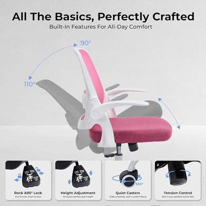 Ergonomic Mesh Office Chair for Home Office, Flip-Up Arms, Breathable Mesh Back & Thick Seat Cushion, Swivel Rolling Computer Desk Chair – BIFMA Certified, Supports 300 lbs (White Frame/Pink Seat)