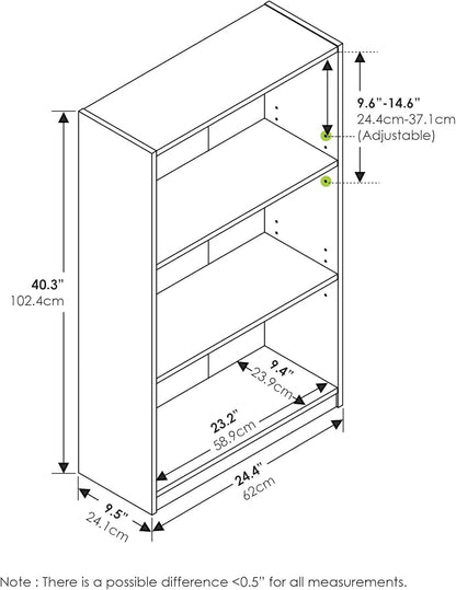 Furinno Jaya Book Shelf, 3-Tier Bookshelf, Bookcase with Adjustable Shelves, 9.5 x 24.5 x 40.3, for Organization and Storage, for Living Room, Bedroom, Home Office, White