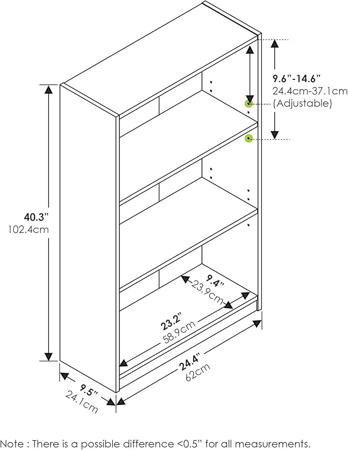Furinno JAYA Book Shelf, 3-Tier Bookshelf, Bookcase with Adjustable Shelves, 9.5 x 24.5 x 40.3, for Organization and Storage, for Living Room, Bedroom, Home Office, Light Blue