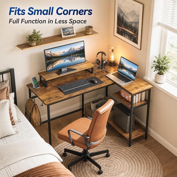 DEVAISE Compact 43" L Shaped Gaming Desk with LED Lights and Power Outlets - Corner Computer Table with Monitor Stand and Storage Shelves for Work and Gaming, Rustic Brown