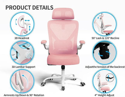 Pink Ergonomic Office Chair: Mesh Desk Chair Comfy with Adjustable Lumbar Support 330lbs High Back Computer Gaming Chair - Big and Tall Office Chairs with Headrest - Adults Home Office