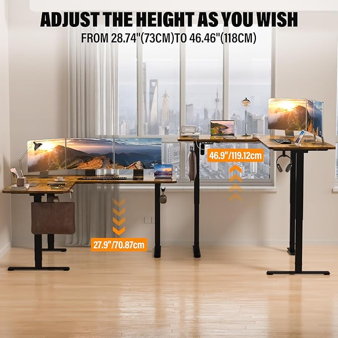 63 x 55 inch L-Shaped Standing Desk, Corner Computer Desk, Electric Standing Desk Adjustable Height, Sit to Stand Ergonomic Workstation for Home Office, Rustic Brown