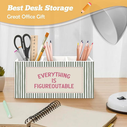 Inspirational Pen Holder Organizer for Desk Accessories, Inspirational Gifts for Women, Pink and Green Motivational Striped Wooden Box Sign Desk Decorations for Home Office Decor