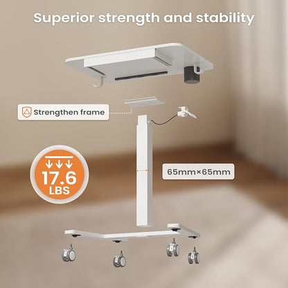 Monomi Mobile Standing Desk with Drawer, 28" Rolling Desk with Cup Holder and Hooks, Portable Laptop Cart on Wheels, Height Adjustable Workstation with Storage for Home Office, White Furniture