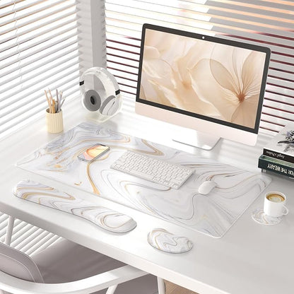 QIYI Leather Desk Mat Set, 4-in-1 Large Mouse Pad with Ergonomic Wrist Rest, Waterproof Desk Pad + Keyboard Wrist Rest + Mouse Wrist Support+Coaster, Non-Slip Office Gaming Accessories, Marble Stripes