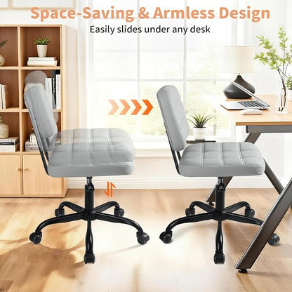 Armless Home Office Desk Chair - Small Swivel Office Desk Chairs with Rolling Wheels - Adjustable PU Leather Computer Chair with Comfy Low Back - For Small Space, Bedroom, Home, Vanity - Light Gray