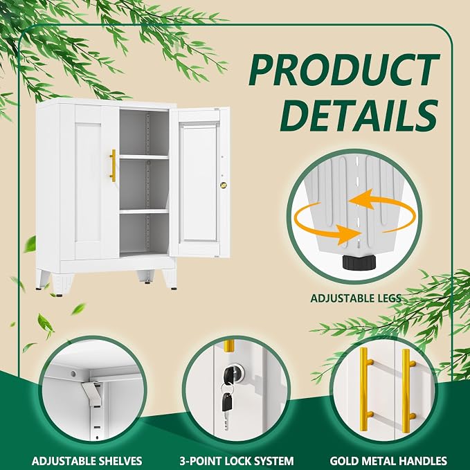 winiowa Tall Metal Storage Cabinet with Lock, Locking File Cabinet with 2 Doors and 2 Adjustable Shelves, White Lockable Organizer for Home Office Garage（23.6" W）