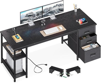 AODK 63 Inch Computer Desk with Drawers & USB Power Outlets, Reversible Home Office Desk with Storage Shelves, Work from Home, Modern Work/Writing/Study Table for Bedroom, Black
