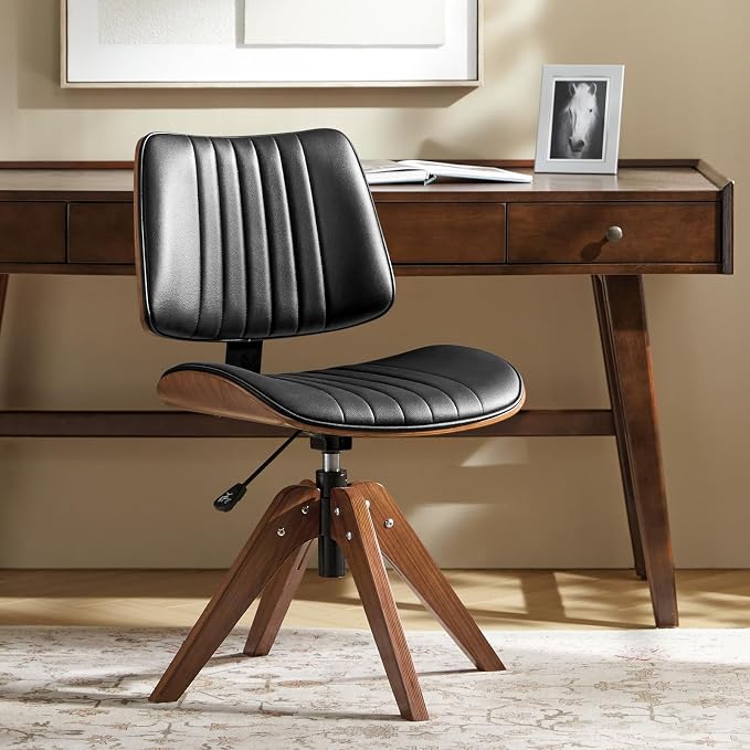 HULALA HOME Faux Leather Home Office Chair with Solid Wood Legs, 360° Swivel Desk Chair No Wheels with Bentwood Design, Mid-Century Modern Wide Seat Computer Task Chair, Black