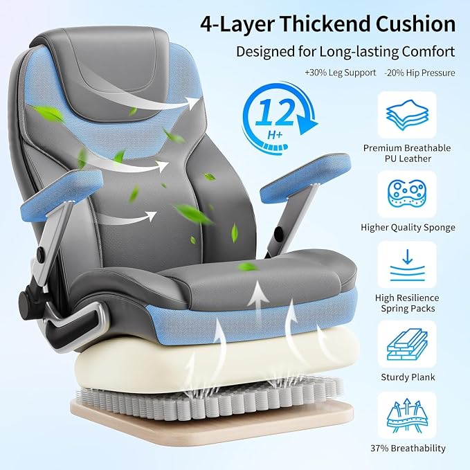 Big and Tall Office Chair with 5D Arms, Fabric & PU Leather Heavy Duty Desk Chair, Adjustable Lumbar Support & Height, Tilt Function, High Back Ergonomic Executive Computer Chair