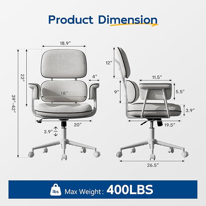HomeZeer White Office Chair, Memory Foam Seat Mid Century Modern Desk Chair | 3.9" Sloped U-Shaped Memory Foam Cushion, Granular Linen Fabric, Lumbar Support, 1.2mm Sturdy Metal Tube, 400LBS Capacity