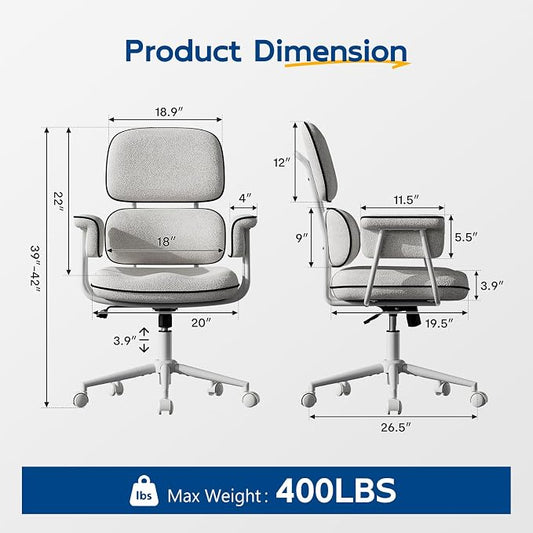 HomeZeer White Office Chair, Memory Foam Seat Mid Century Modern Desk Chair | 3.9" Sloped U-Shaped Memory Foam Cushion, Granular Linen Fabric, Lumbar Support, 1.2mm Sturdy Metal Tube, 400LBS Capacity