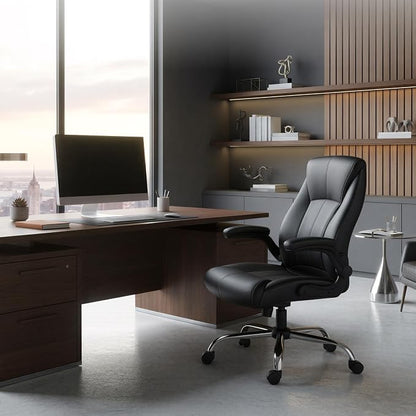 Big and Tall Office Chair for Heavy People, 400LBS High Back Extra Wide Executive PU Leather Office Chair with Flip-Up Armrests, Smooth Caster Wheels, Comfortable Home Office Desk Chair (Black)